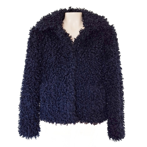 Zara Wool Cropped Navy Teddy Jacket Coat - Picture 1 of 5
